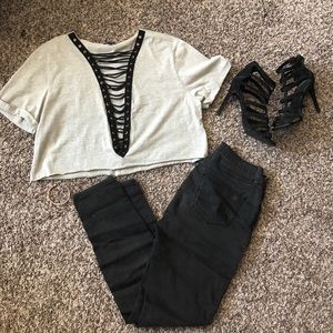 Dillards Grey Lace Up Crop Top